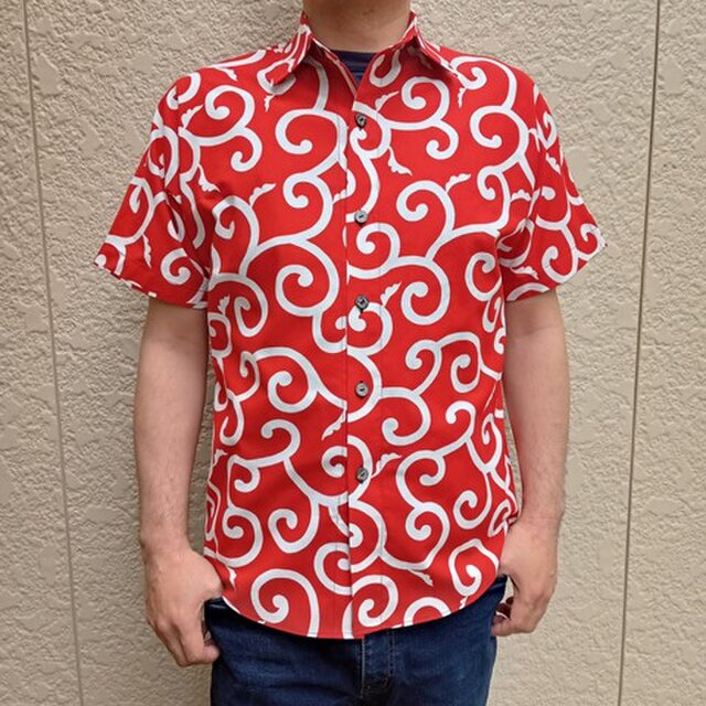 半袖和柄シャツ（大唐草模様）朱赤