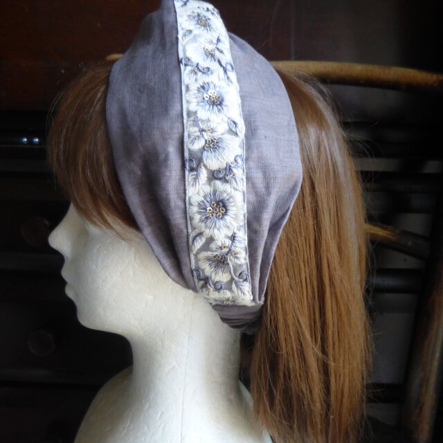 パープルリネン地にインド刺繡リボンのクロスヘアバンド