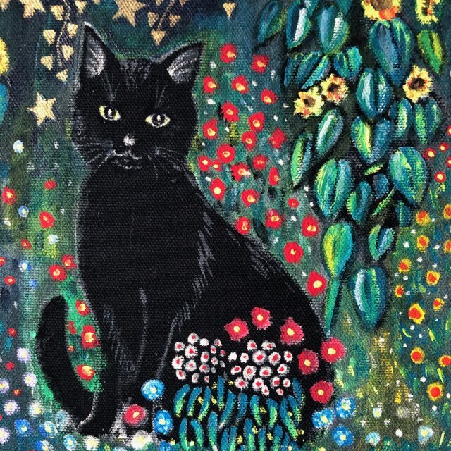 ハイビスカスと黒猫」抽象画 アクリル画 アート 一点物 画用紙 葉書 