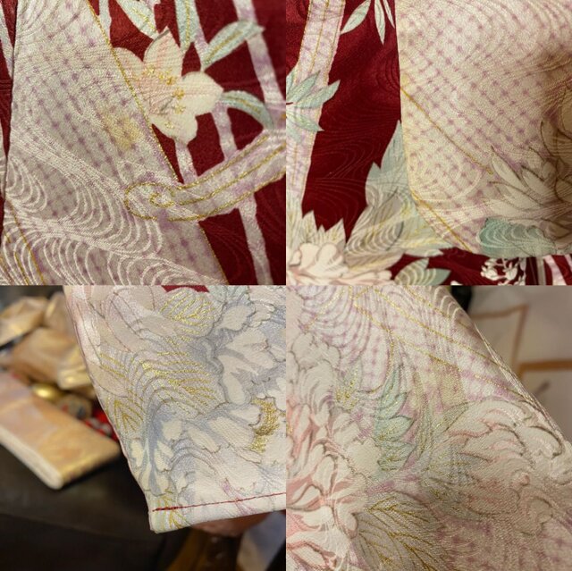 振袖　着物リメイク　ドレス　赤桃におしどりや花鶴　和柄　ワンピース　ハンドメイド 即納】可憐！ 振袖 着物リメイク ドレス 和柄ワンピース 赤桃に