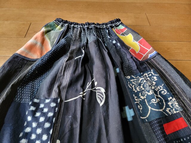 着物リメイク 手作り 型染め 絣など パッチ ギャザースカート