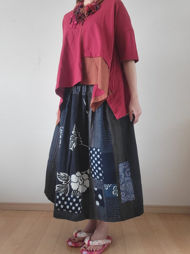 着物リメイク 手作り 型染め 絣など パッチ ギャザースカート | iichi 