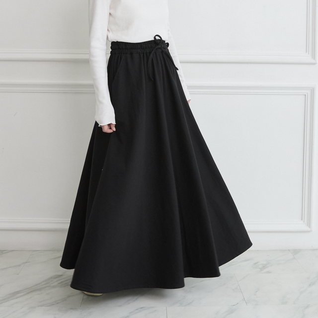 やわらか裏毛パイル素材 コットン スウェット フレアマキシスカート　ブラック　0086BK