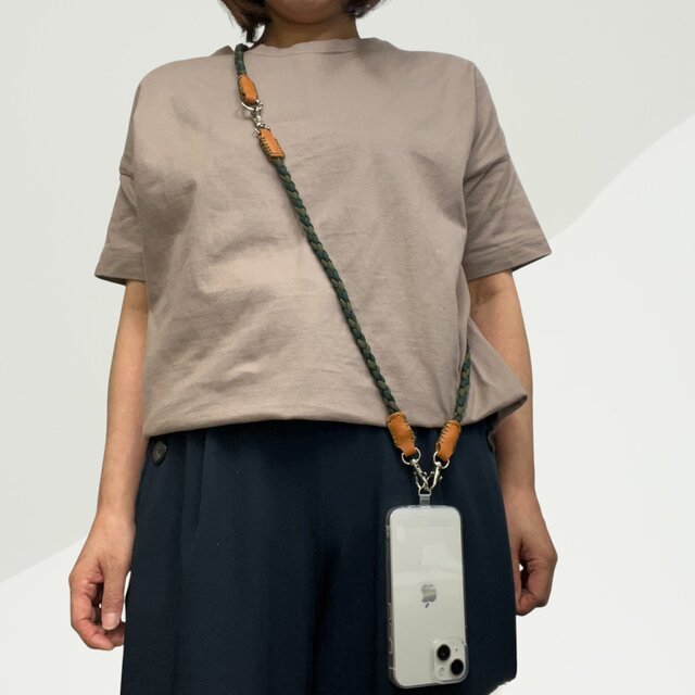 3WAY 本革＋パラコード スマホショルダーストラップ グリーン＆カーキ