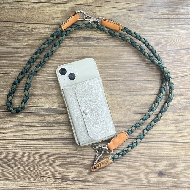 3WAY 本革＋パラコード スマホショルダーストラップ グリーン＆カーキ