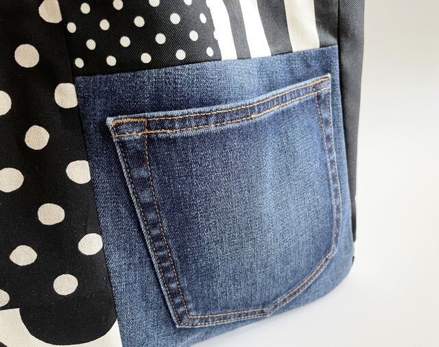 デニムのパッチワークバッグ ドット チェック モノトーン | iichi 日々