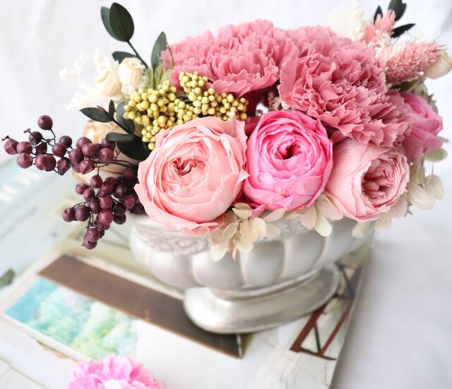 アンティークポットアレンジメント～モーヴピンク～（プリザーブド