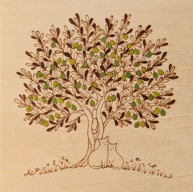 猫×オリーブ」10×10cm 〈ウッドバーニングアートフレーム〉 | iichi