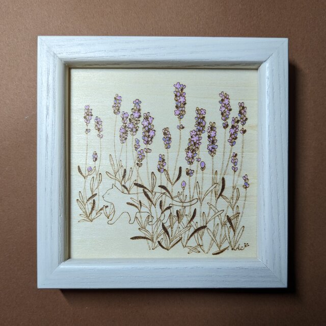 猫×ラベンダー」10×10cm 〈ウッドバーニングアートフレーム