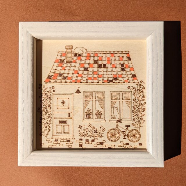 猫×家」10×10cm 〈ウッドバーニングアートフレーム〉 | iichi