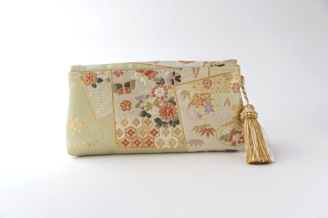 色紙 蝶々 花 貝合わせ模様 ライトグリーン シルク帯リメイク 2Way