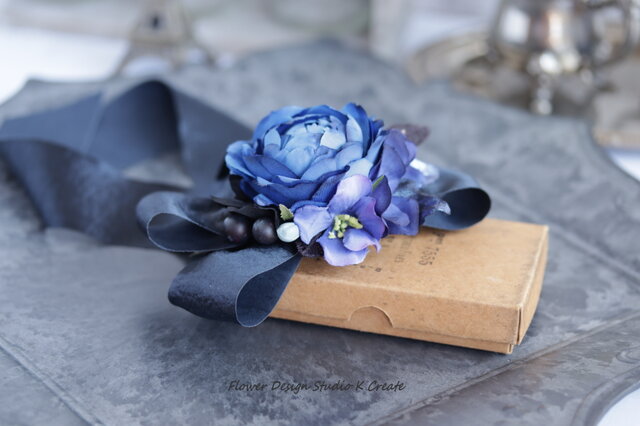 青い薔薇と紫陽花のリボンヘアクリップ 紺 青 成人式 袴 ゴシック 髪 