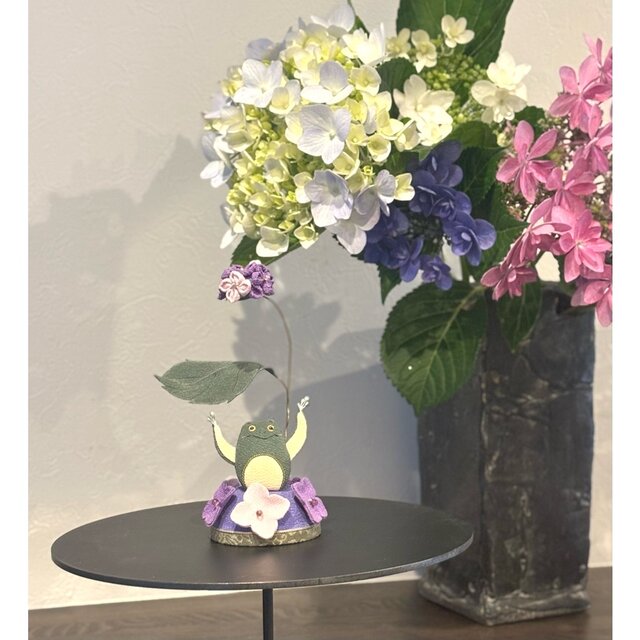 【単品不可オーダー用】三色紫陽花と二種のミニ蛙さんセット カッティングダイ 梅雨 置物 コンパクト ちりめん 小さい 手作り / 紫陽花カエル 梅雨