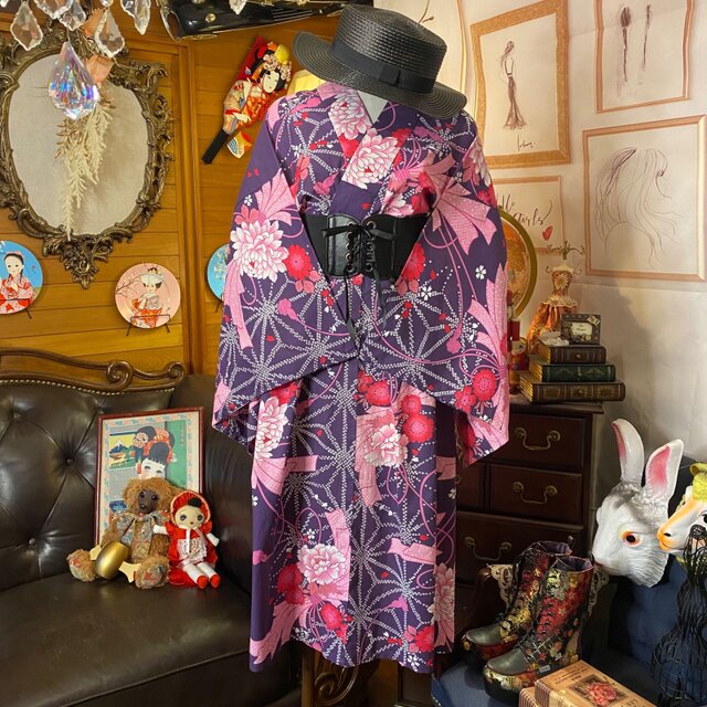 和洋折衷 浴衣 リメイク ワンピース ドレス 編み上げコルセットベルト