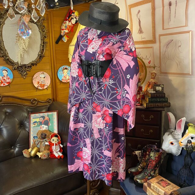 浴衣ドレス リメイク品 和洋折衷 浴衣 リメイク ワンピース ドレス 編み上げコルセットベルト