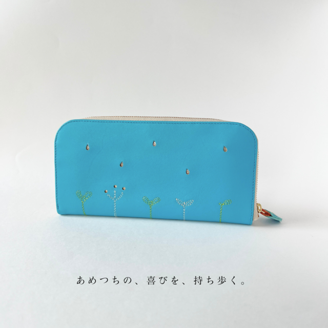 刺繍革財布『LIFE』ターコイズ（牛革）Slim☆ラウンドファスナー