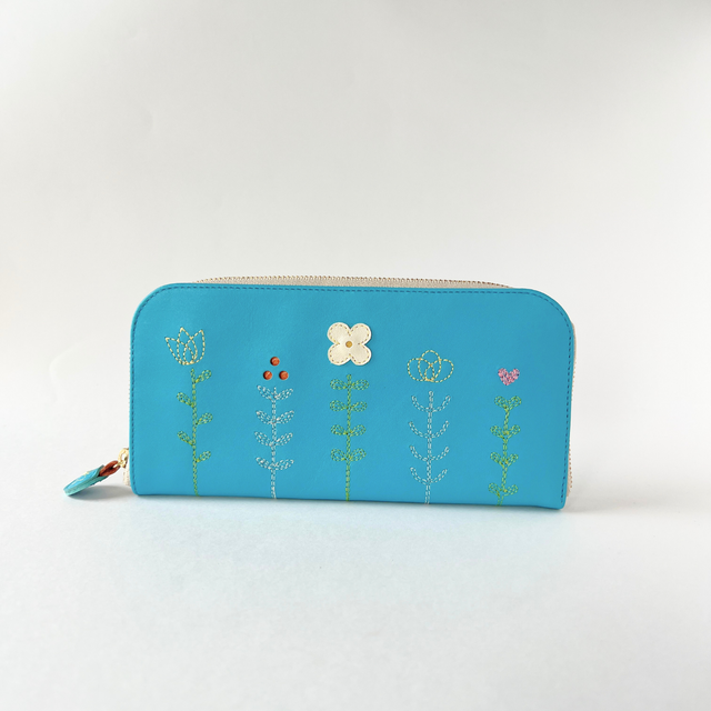 刺繍革財布『LIFE』ターコイズ（牛革）Slim☆ラウンドファスナー☆