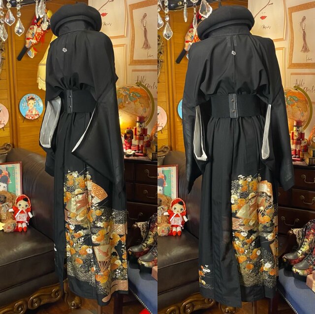 着物リメイクワンピース3477 和洋折衷 夏黒留袖 着物 リメイク ワンピース ドレス ハンドメイド