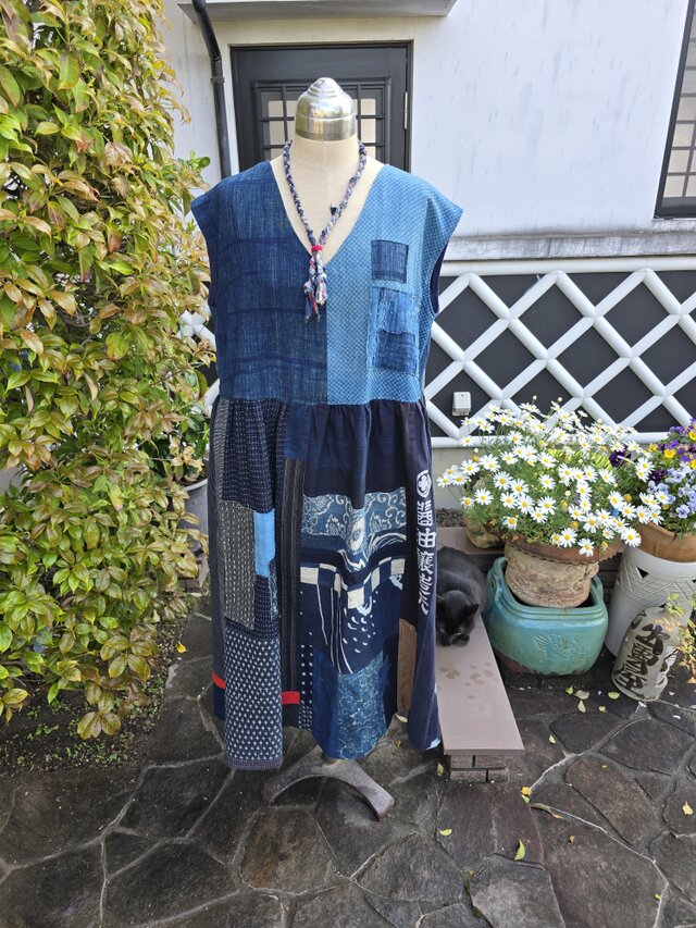 着物リメイク 手作り BORO 型染め かすりパッチ ジャンパースカート 