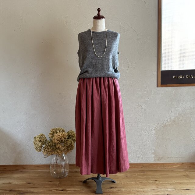 リネン「やさしい赤」85cm丈　　ウエストギャザーたっぷり