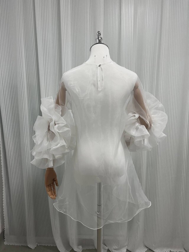 トップス 上質オーガンジー ラッフルフリル ふわふわ袖 色直し 可愛い ウェディングドレス