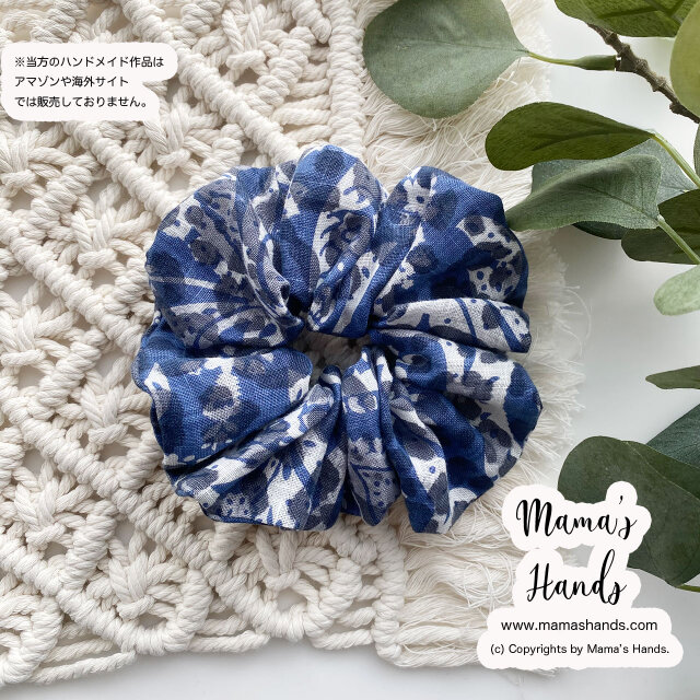 ⭐️3点売れました⭐️《イタリア製 リネン》 おしゃれな ペイズリー 青 x グレー ナチュラル 花柄  シュシュ ヘアゴム