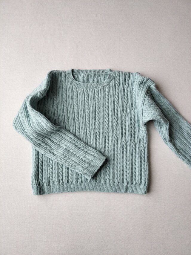 ミントブルー　手編みガンジーセーター