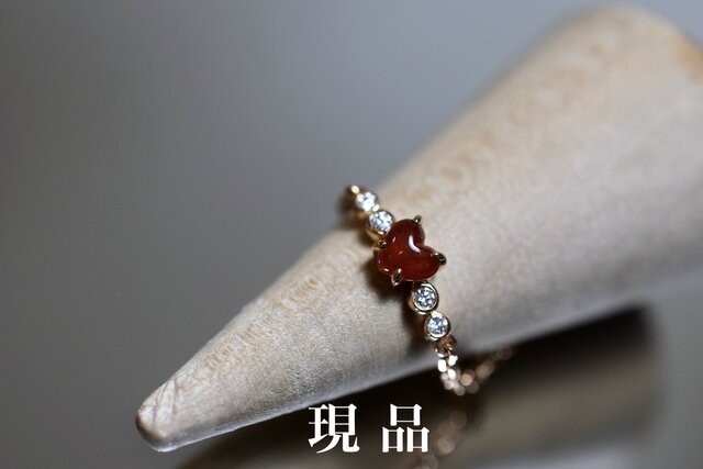 【みゃー3】ミャンマー産本翡翠木那雪花棉リング& 赤翡リング18Kチャーム X24-04 赤翡翠 ハット 氷種 k18金ピンクゴールド リング 指輪