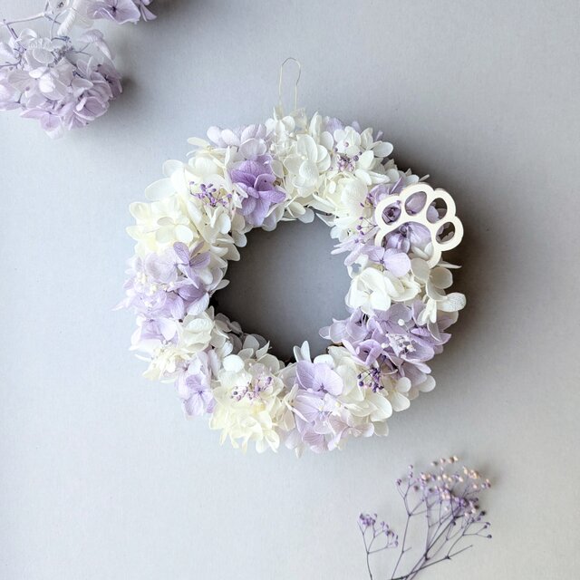 白とすみれ色のミニリース 夏リース 紫陽花リース 仏花 お盆飾り