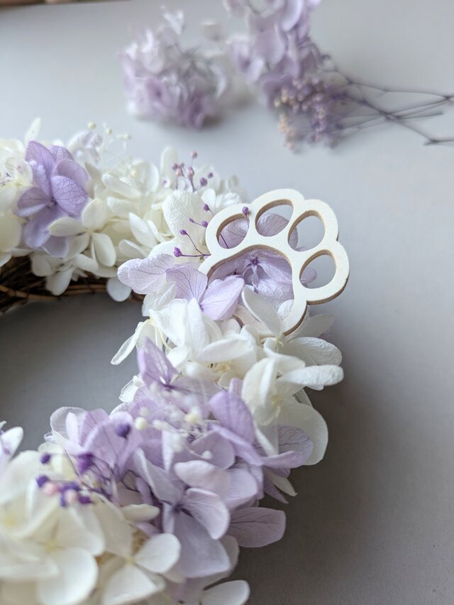 白とすみれ色のミニリース 夏リース 紫陽花リース 仏花 お盆飾り