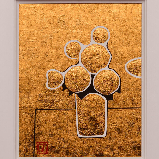 24K純金箔をふんだんに使用●金運『金の花』●がんどうあつし絵画F3ホワイト額付