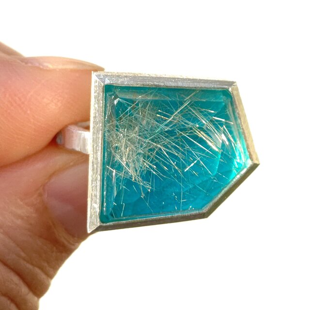 ルチルクォーツ　×　ターコイズ　変形5角形　立体カット　シルバーSV925リング