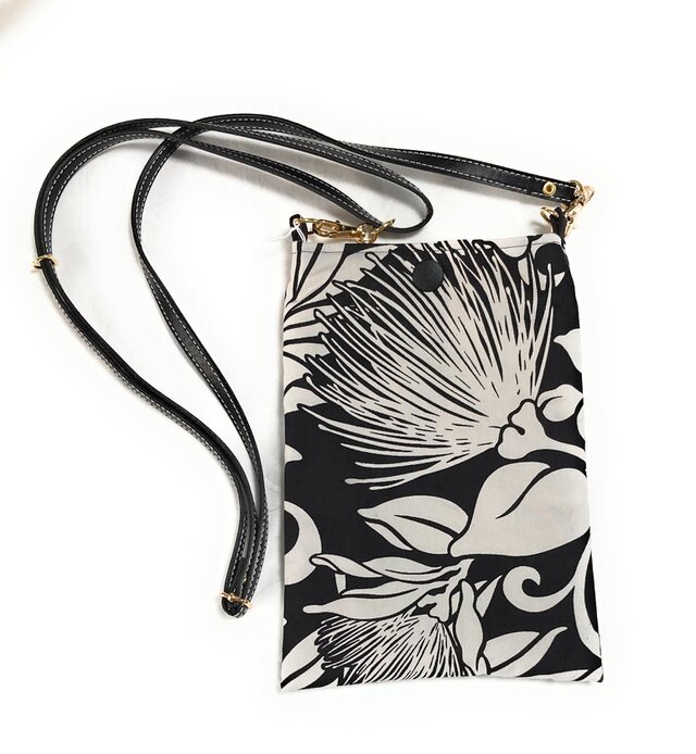 ハワイアン スマホ・ポーチ ショルダーストラップ付 レフア柄 ブラック [hpb3-251s20]