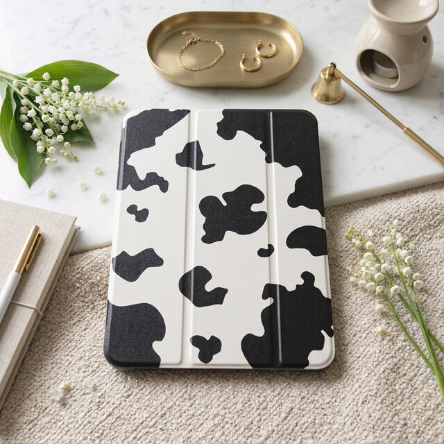 ペン収納付手帳型iPadケース【牛柄】三折りスタンド機能付ソフトケース