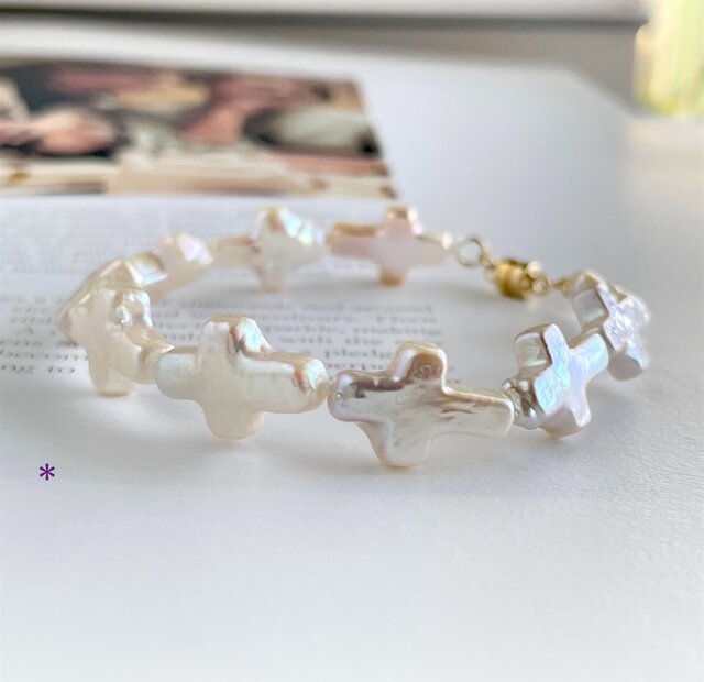 天然 淡水パール クロスパールのブレスレット (k14gf) オーロラカラー