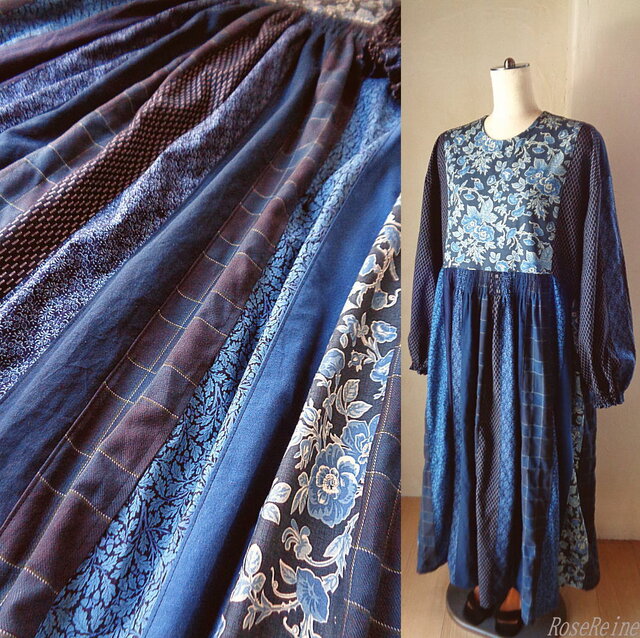 sold ラス1 絵画なパッチワーク♥navy blue♥ギャザードレス