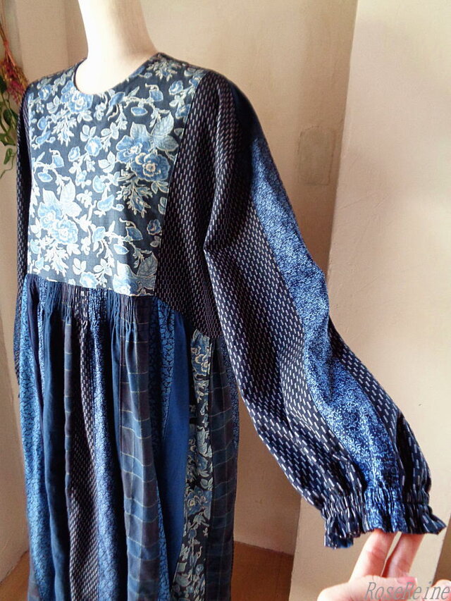 sold ラス1 絵画なパッチワーク♥navy blue♥ギャザードレス