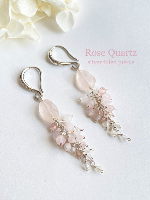 【桃花】ローズクォーツ桃色の房ピアス　シルバーフィルド ロングピアス　ac/248