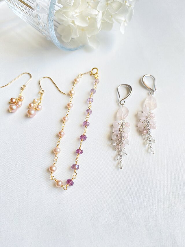 桃花】ローズクォーツ桃色の房ピアス シルバーフィルド ロングピアス