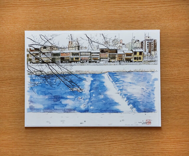 A4サイズ「 京都 雪の鴨川」 京の水彩画工房 | iichi 日々の暮らしを