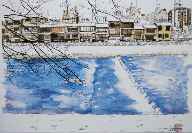 A4サイズ「 京都 雪の鴨川」 京の水彩画工房 | iichi 日々の