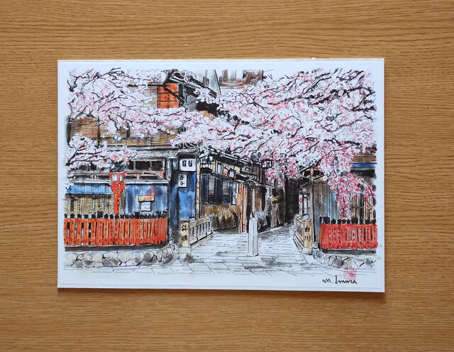 A4サイズ「 祇園 巽橋と桜」 京の水彩画工房 | iichi 日々の暮らしを