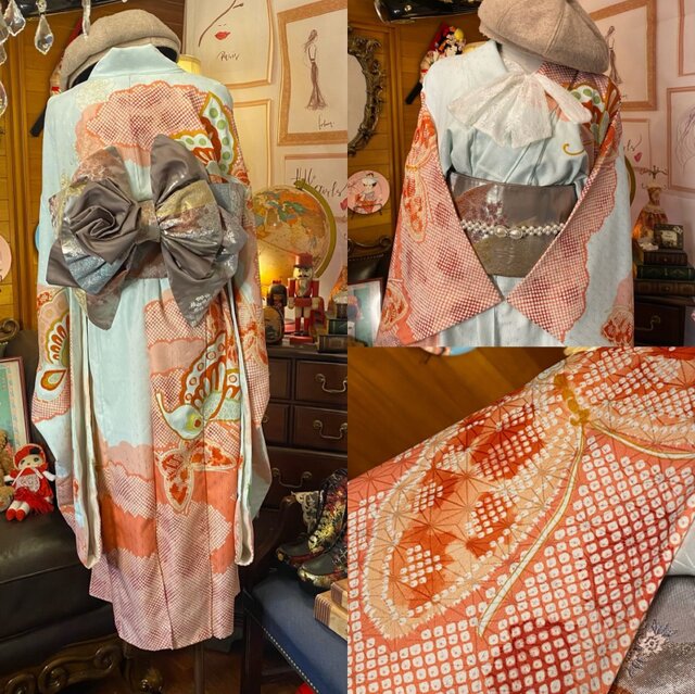 振袖　お着物　リメイク　ワンピース　ハンドメイド　アンティーク 和洋折衷 古着 振袖 着物 和 ハンドメイド リメイク ワンピース