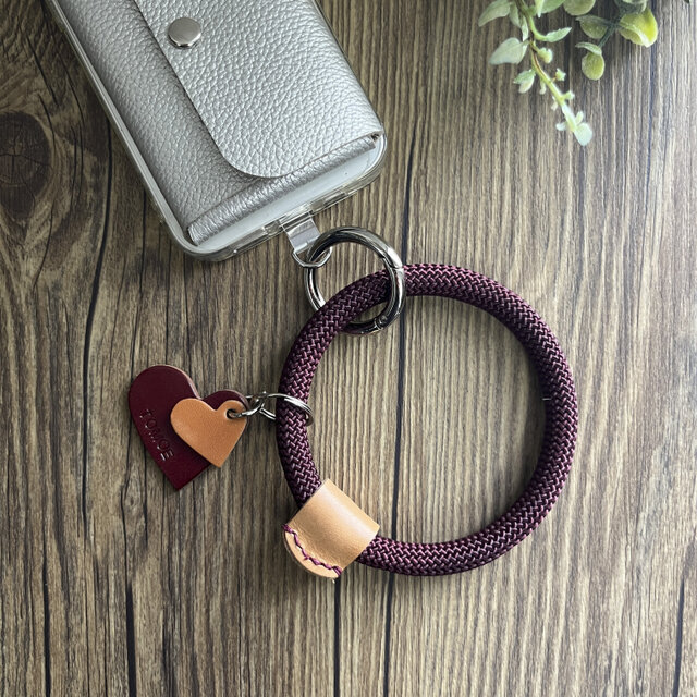 極太パラコード リングストラップ ハートチャーム名入れ可 マルーン