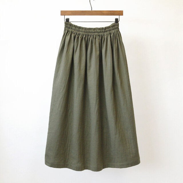 【即納】ふんわり柔らかスラブダブルガーゼのギャザースカート（カーキ）タンブラー加工 ロング