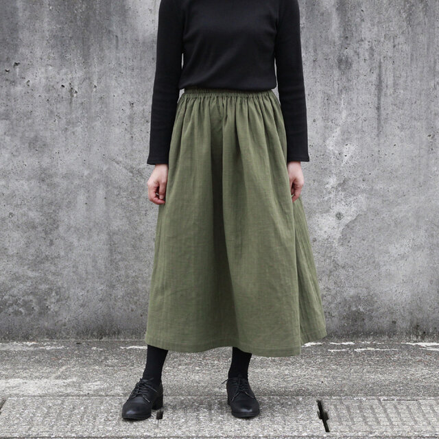 ふんわり柔らかスラブダブルガーゼのギャザースカート（カーキ）ポケット タンブラー加工