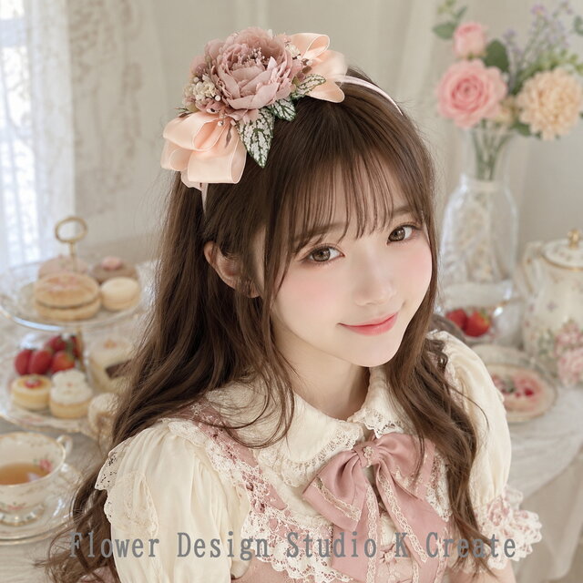 ナチュラルアンティークな薔薇とリボンのカチューシャ 結婚式 入学式