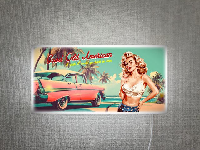 アメ車 ピンナップガール 海 ビーチ キャデラック ガレージ アメリカン