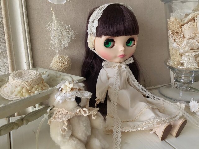 ビスクドール　アンティーク　布花　ヘッドドレス ドール用染め花付きレースのヘッドドレス(L) | iichi 日々の