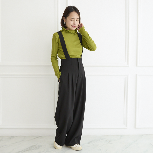 【3サイズ】着回し抜群 肩紐を取り外せる 2Way 大人女子なハイウエストサロペット　ブラック　0634BK